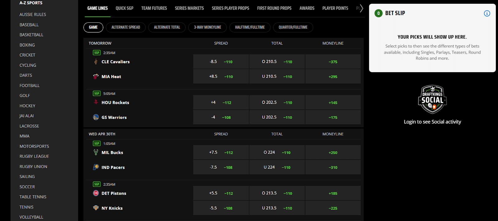 Draftkings Game lines